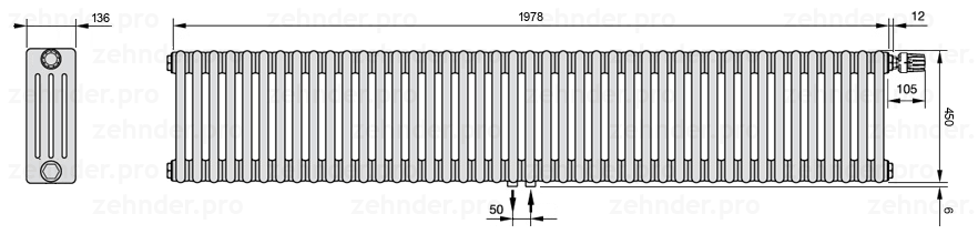Схема (чертеж) Радиатор Zehnder Charleston 4045/43 №V008 Белый глянцевый RAL 9016
